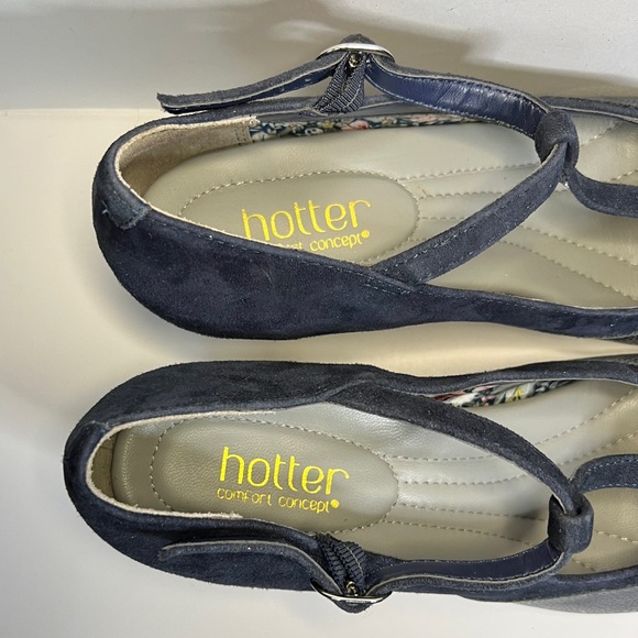 Hotter Georgette T-bar Shoes 👠 Navy Blue Suede Leather, Round Toe Heels - Picture 9 of 12